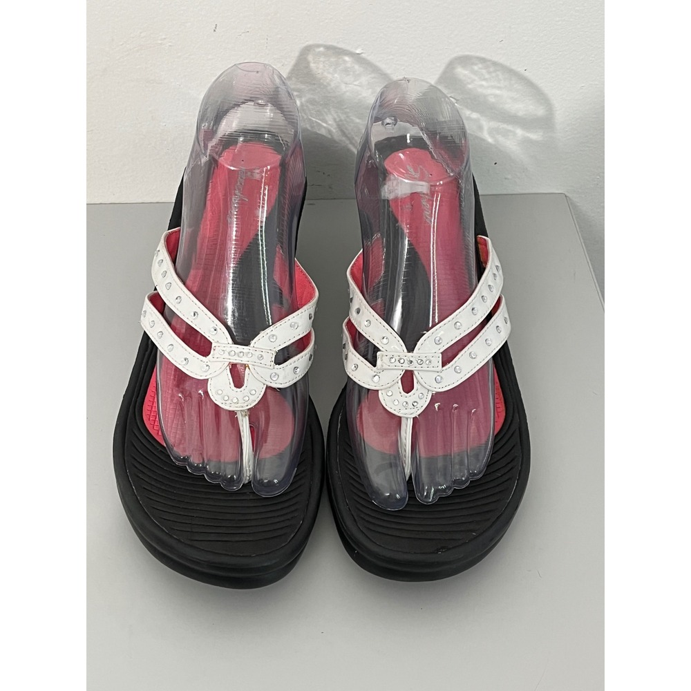 Skechers Wedge Sandals Womens 10 White Pink Rhinestone Platform Flip Flops - Picture 2 of 6